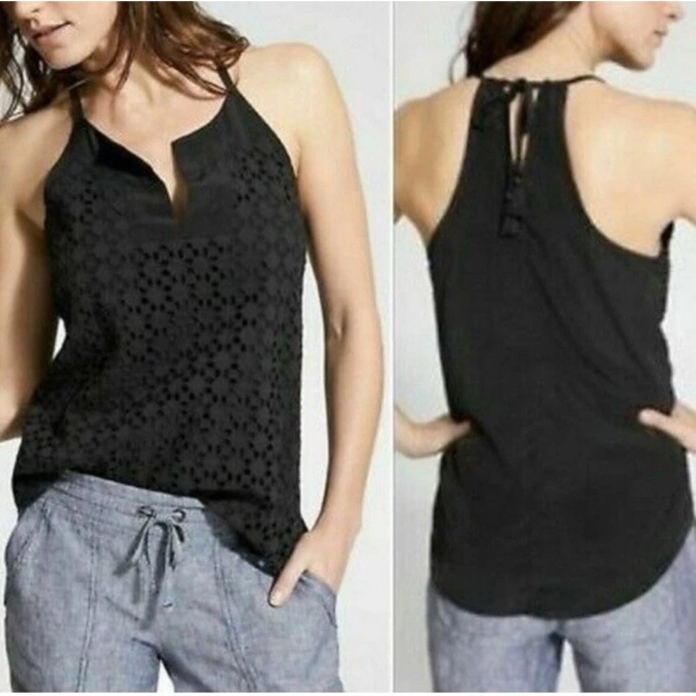Athleta Dunes Eyelet Black Tank Halter Top Tassel Tie Womens Size Small